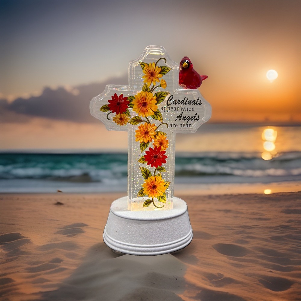 CLEAR ACRYLIC LIGHTED SWIRLING WATER GLITTER CARDINAL W/ FLOWERS CROSS. SEE PICS